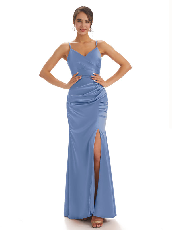 Chic Spaghetti Straps Soft Satin Pleats Mermaid Long prom Dresses ...
