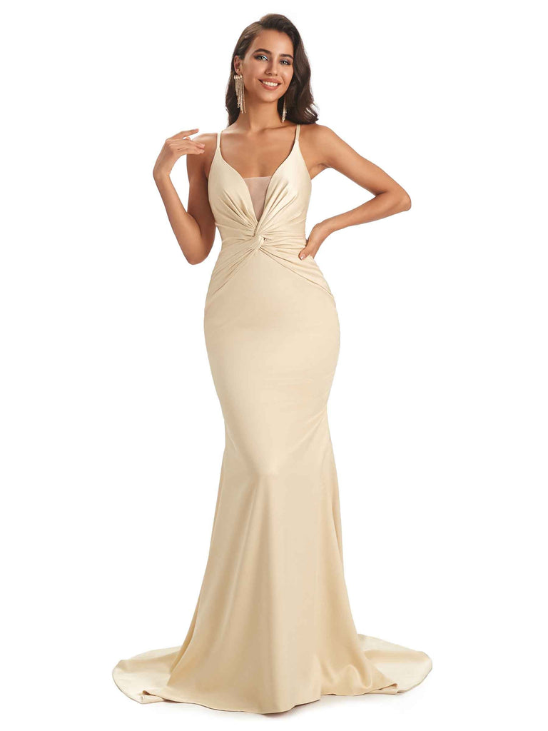 Sexy Mermaid V-Neck Spaghetti Straps Satin Long Party Prom Dresses With Slit 2023 Sale