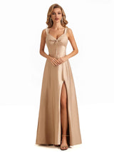 Sexy Soft Satin Side Slit A-Line Maxi Long Formal Evening Dresses With Bow