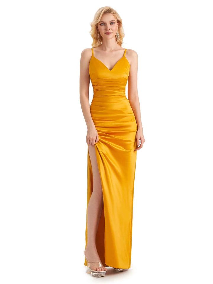 Sexy Spaghetti Straps Side Slit Soft Satin Long Mermaid Evening Prom Dresses Online