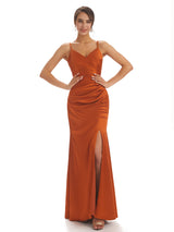 Sexy Spaghetti Straps Soft Satin Side Slit Mermaid Long Elegant Dresses For Wedding Guests