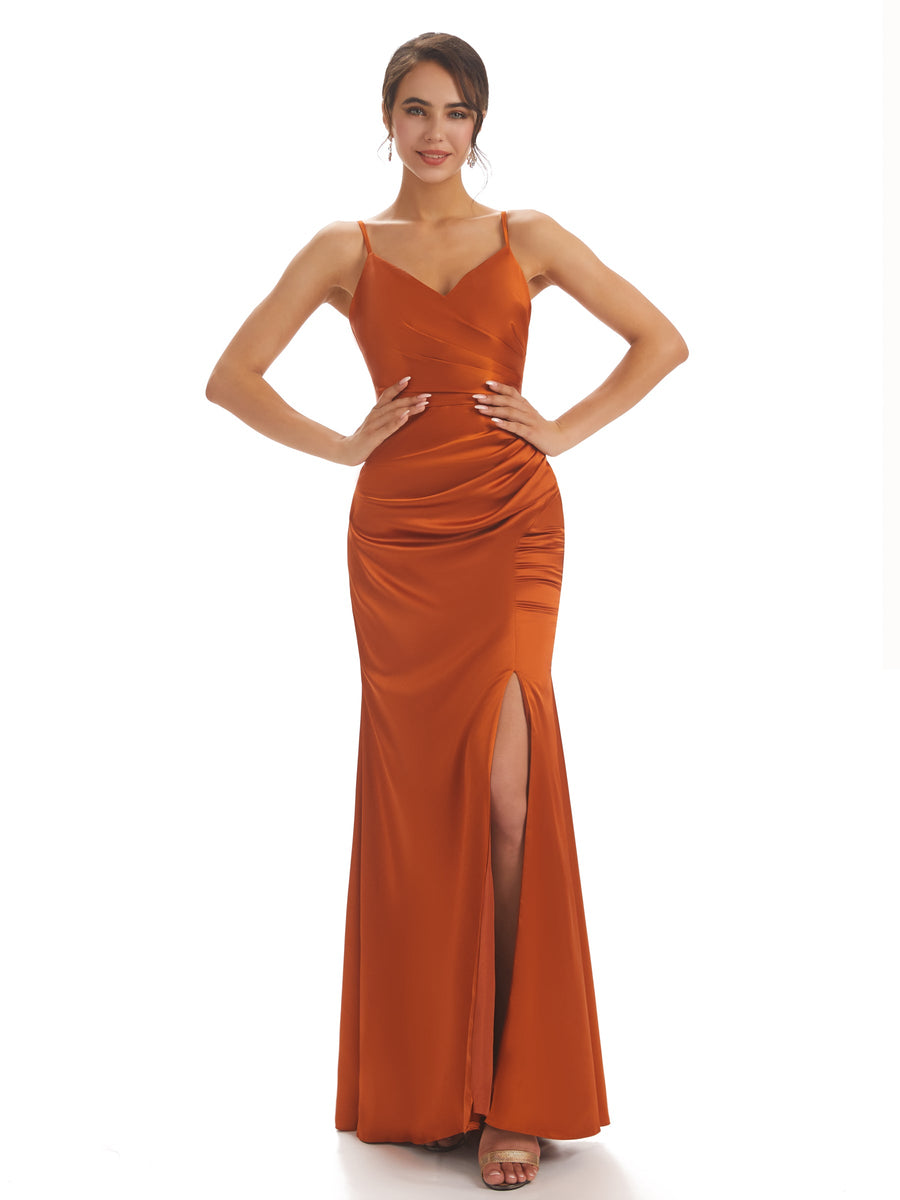 Sexy Spaghetti Straps Soft Satin Side Slit Mermaid Long Elegant Dresses For Wedding Guests