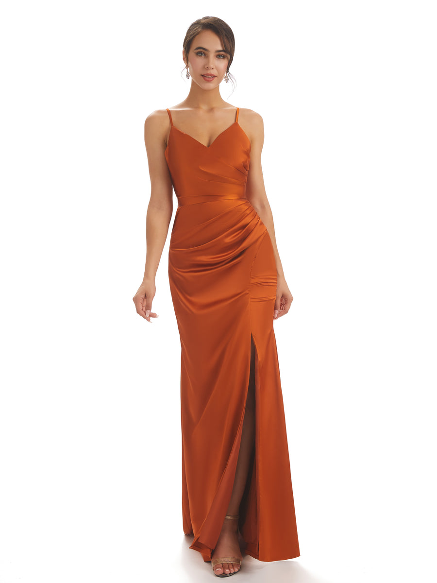 Sexy Spaghetti Straps Soft Satin Pleats Side Slit Mermaid Long Bridesmaid Dresses