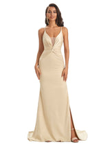 Sexy Soft Satin V-Neck Side Slit Spaghetti Straps Long Mermaid Bridesmaid Dresses