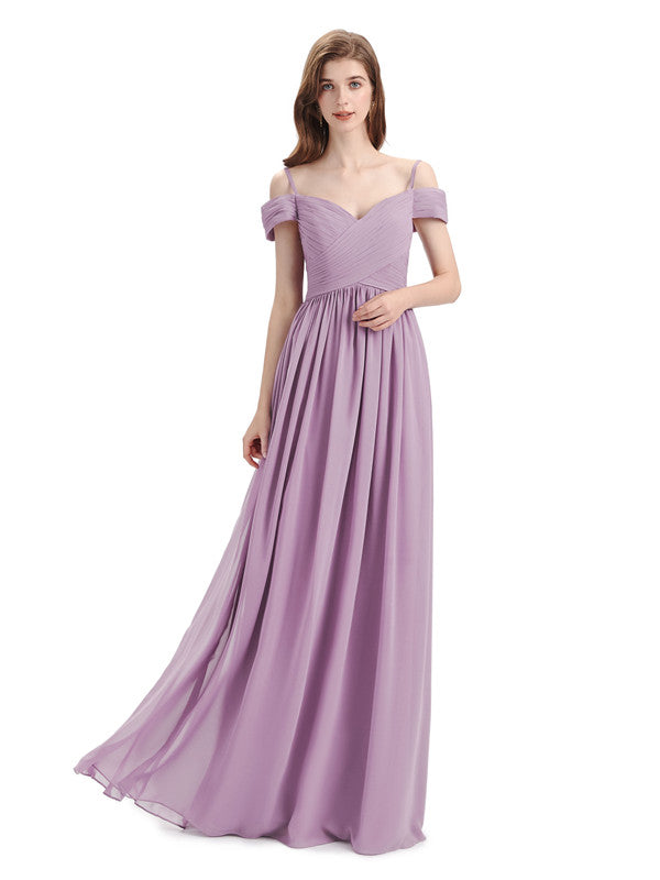 Simple A-line Chiffon Cold Shoulder Long Bridesmaid Dresses