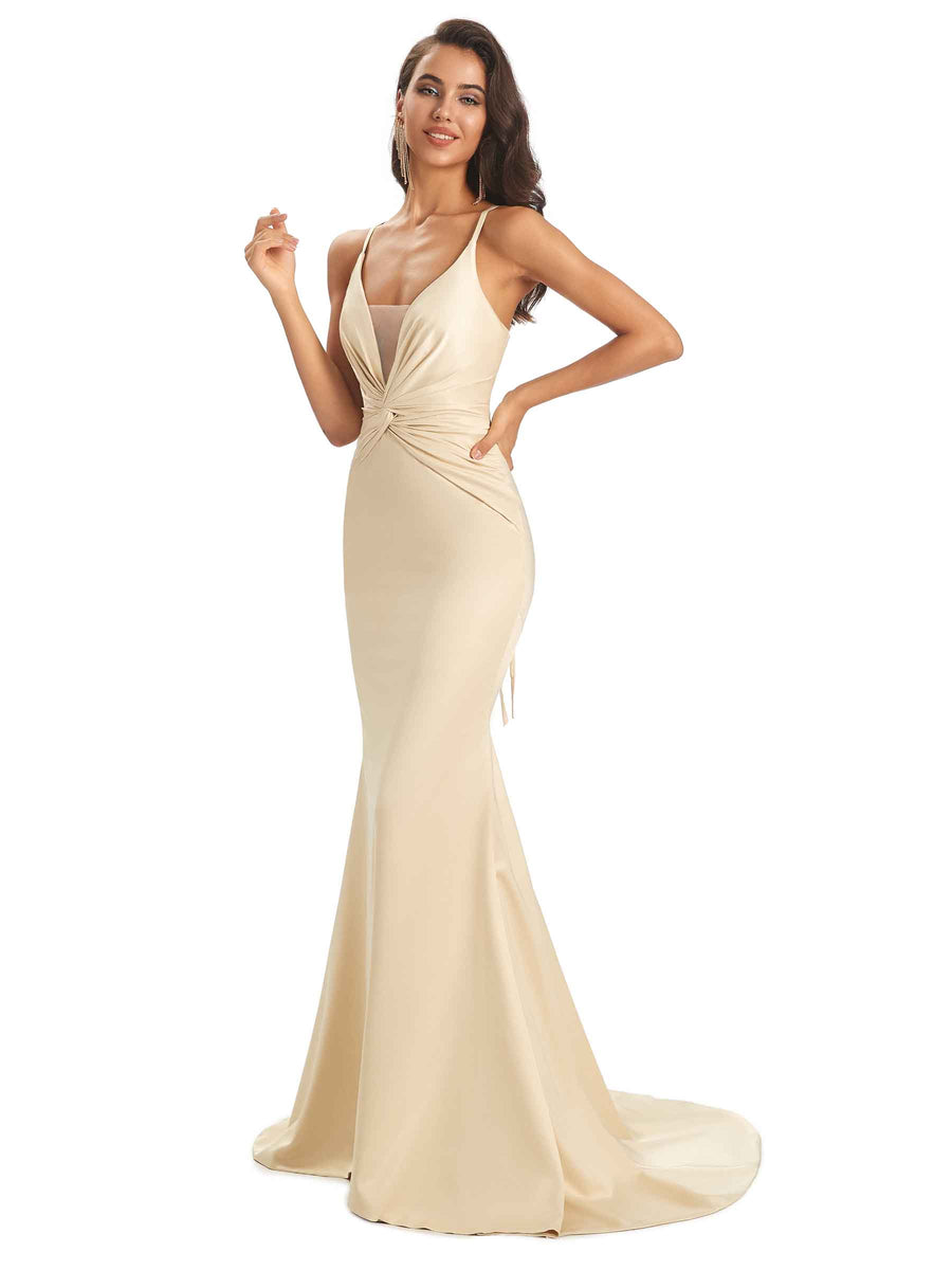 Sexy Soft Satin V-Neck Side Slit Spaghetti Straps Long Mermaid Bridesmaid Dresses