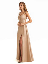 Sexy Soft Satin Side Slit A-Line Maxi Long Formal Evening Dresses With Bow