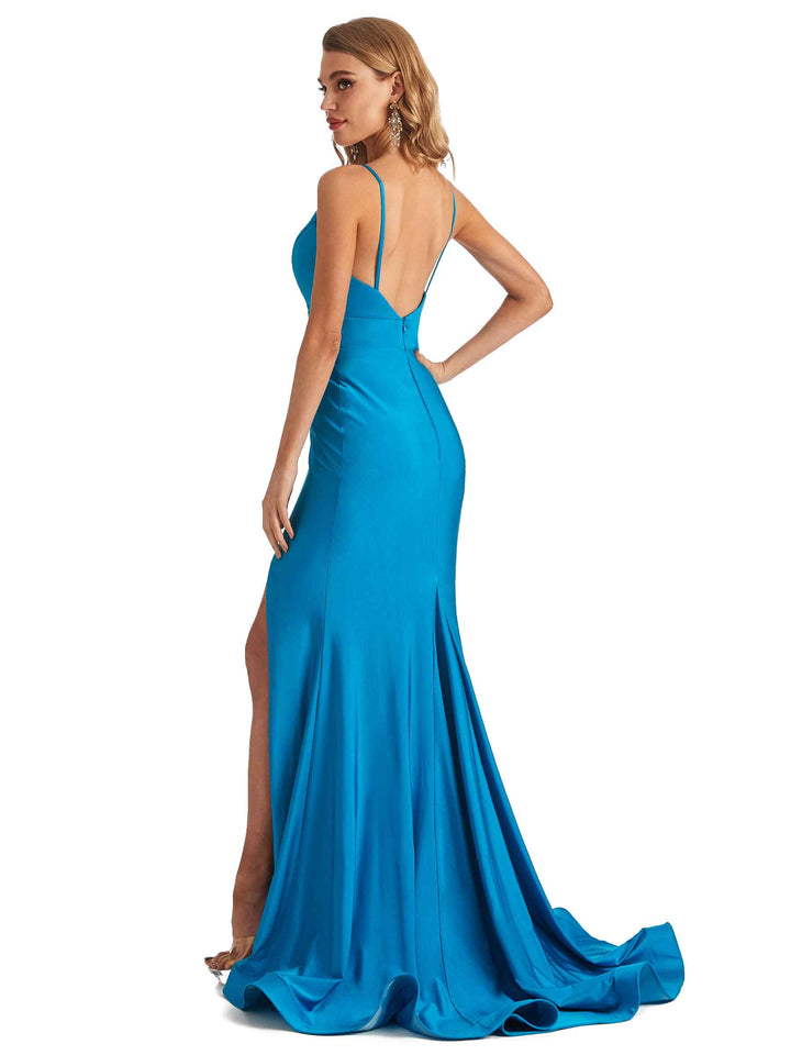 Sexy Mermaid Spaghetti Straps Side Slit Stretchy Jersey Long Formal Bridesmaid Dresses