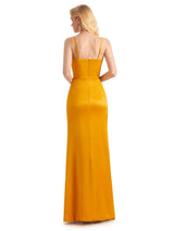 Sexy Spaghetti Straps Side Slit Soft Satin Long Wedding Guest Dresses