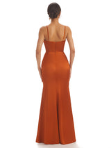 Sexy Spaghetti Straps Soft Satin Pleats Side Slit Mermaid Long Bridesmaid Dresses