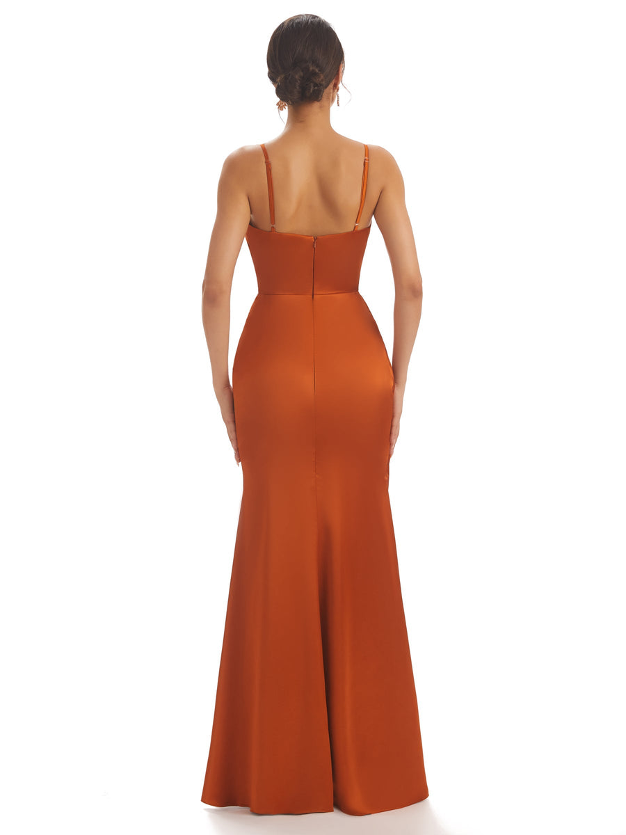 Sexy Spaghetti Straps Soft Satin Pleats Side Slit Mermaid Long Bridesmaid Dresses For Wedding
