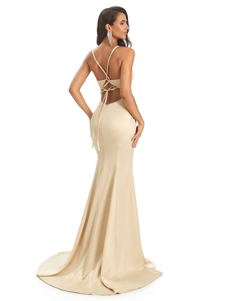 Sexy Satin V-Neck Spaghetti Straps Long Mermaid Prom Dresses With Slit 2023