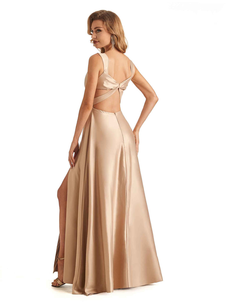 Sexy Soft Satin Side Slit A-Line Maxi Long Bridesmaid Dresses With Bow