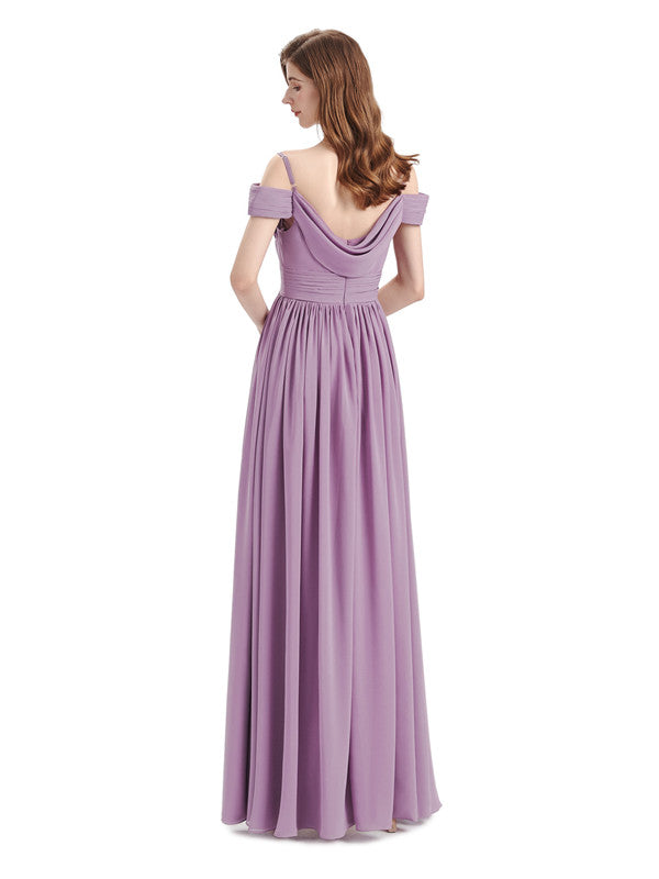 Simple A-line Chiffon Cold Shoulder Long Bridesmaid Dresses