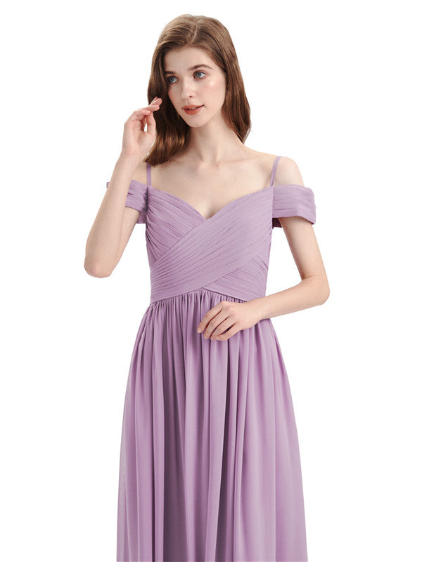 Simple A-line Chiffon Cold Shoulder Long Bridesmaid Dresses