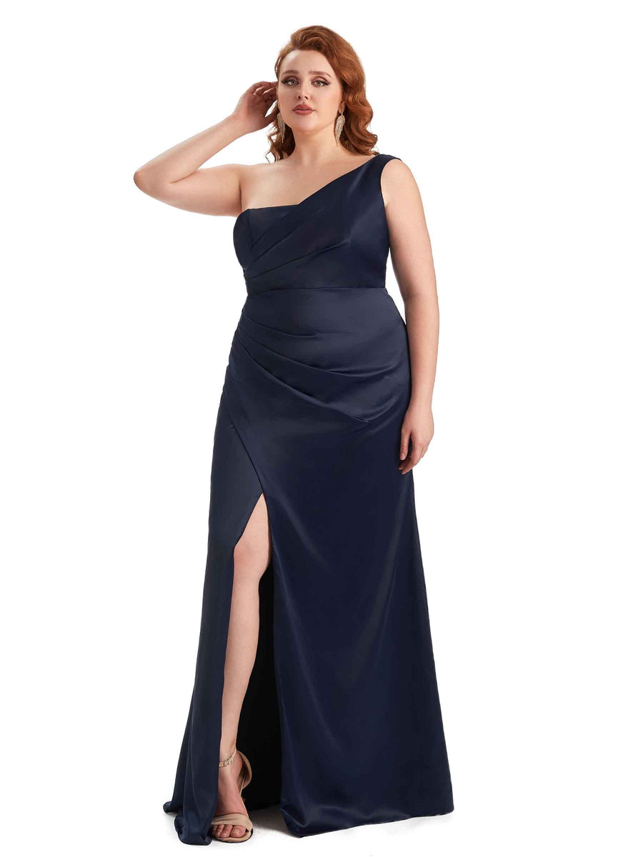 Plus Size Sexy Side Slit One Shoulder Mermaid Long Satin Maxi Dresses