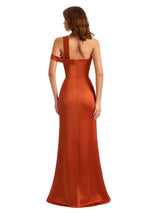 Sexy Mermaid Side Slit One Shoulder Satin Unique Long Wedding Guest Dresses