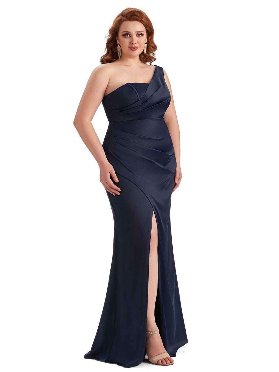 Plus Size Sexy Side Slit One Shoulder Mermaid Long Satin Maxi Dresses