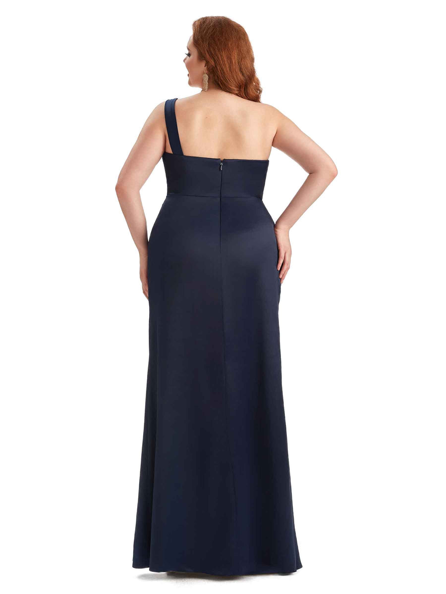 Plus Size Sexy Side Slit One Shoulder Mermaid Long Satin Maxi Dresses