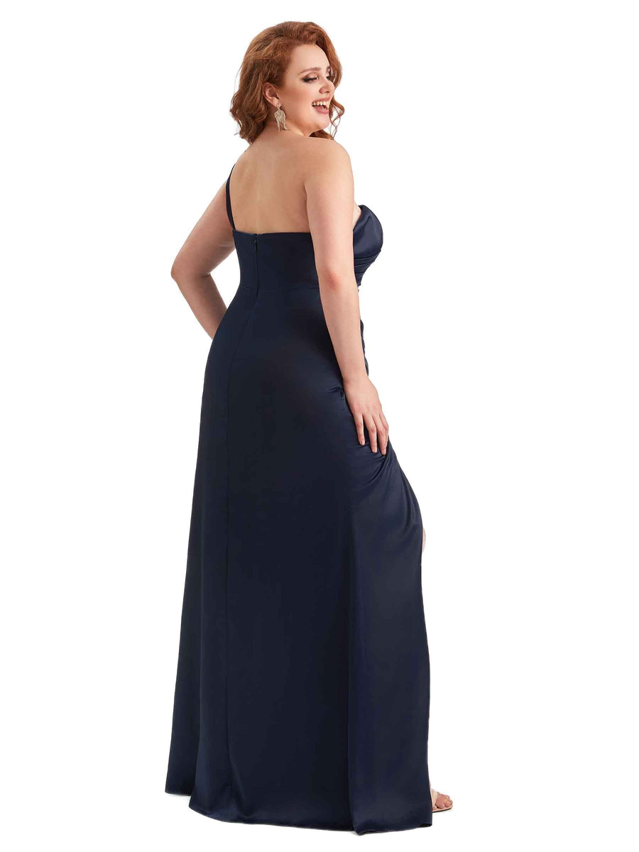 Plus Size Sexy Side Slit One Shoulder Mermaid Long Satin Maxi Dresses