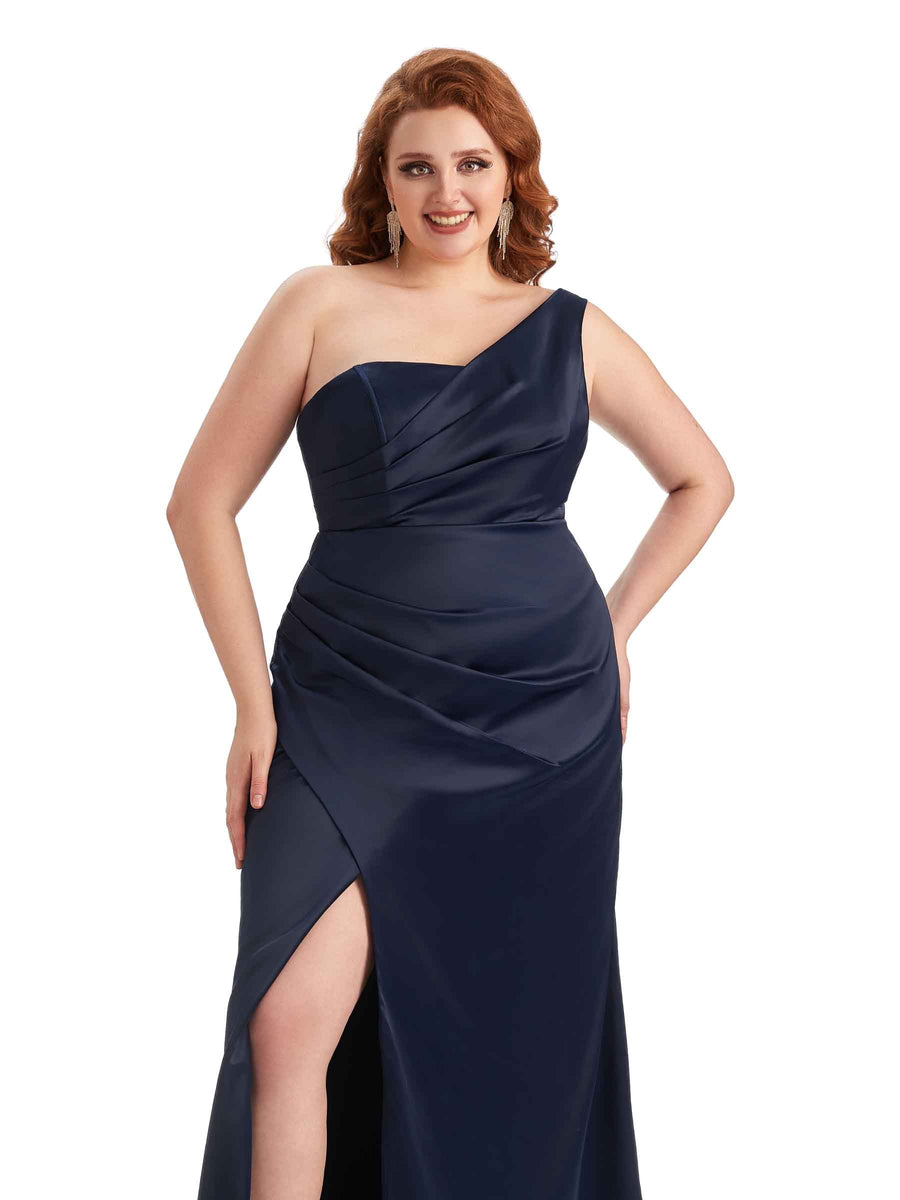 Plus Size Sexy Side Slit One Shoulder Mermaid Long Satin Maxi Dresses