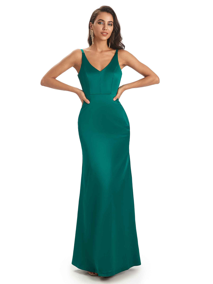 Sexy Soft Satin V-Neck Side Slit Spaghetti Straps Fashion Mermaid Bridesmaid Dresses