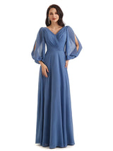 Elegant A-line Chiffon Long Sleeves V-neck Mother of The Groom Dresses