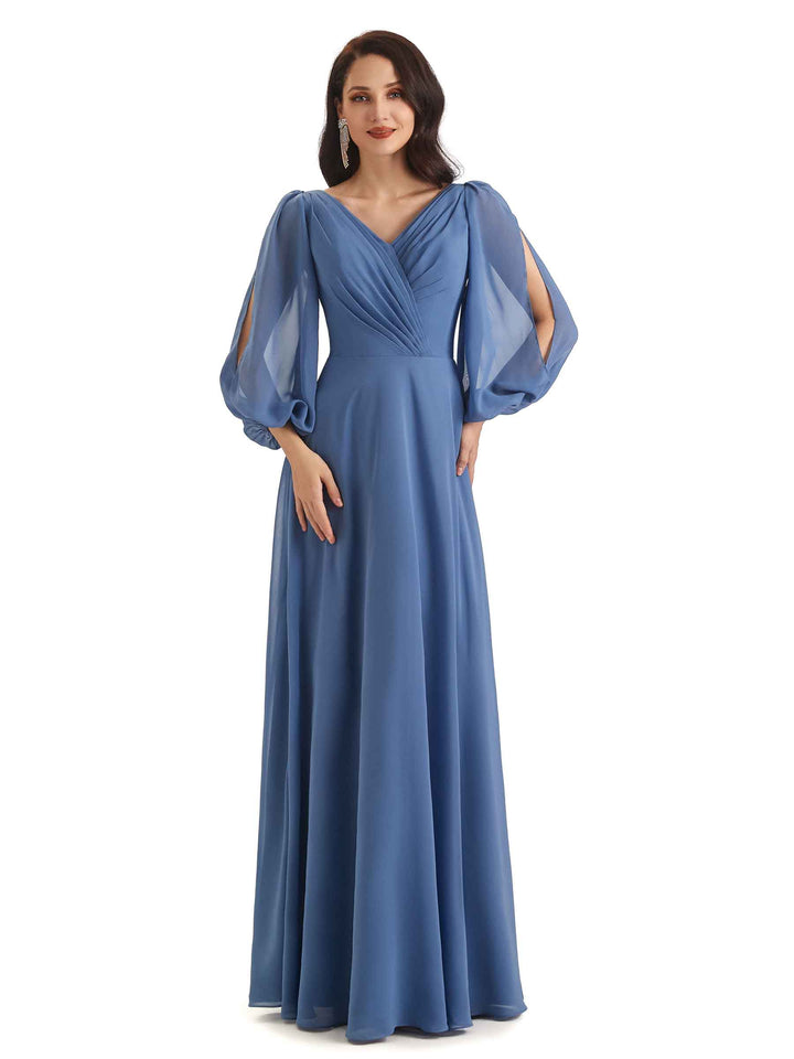 Elegant A-line Chiffon Long Sleeves V-neck Mother of The Groom Dresses