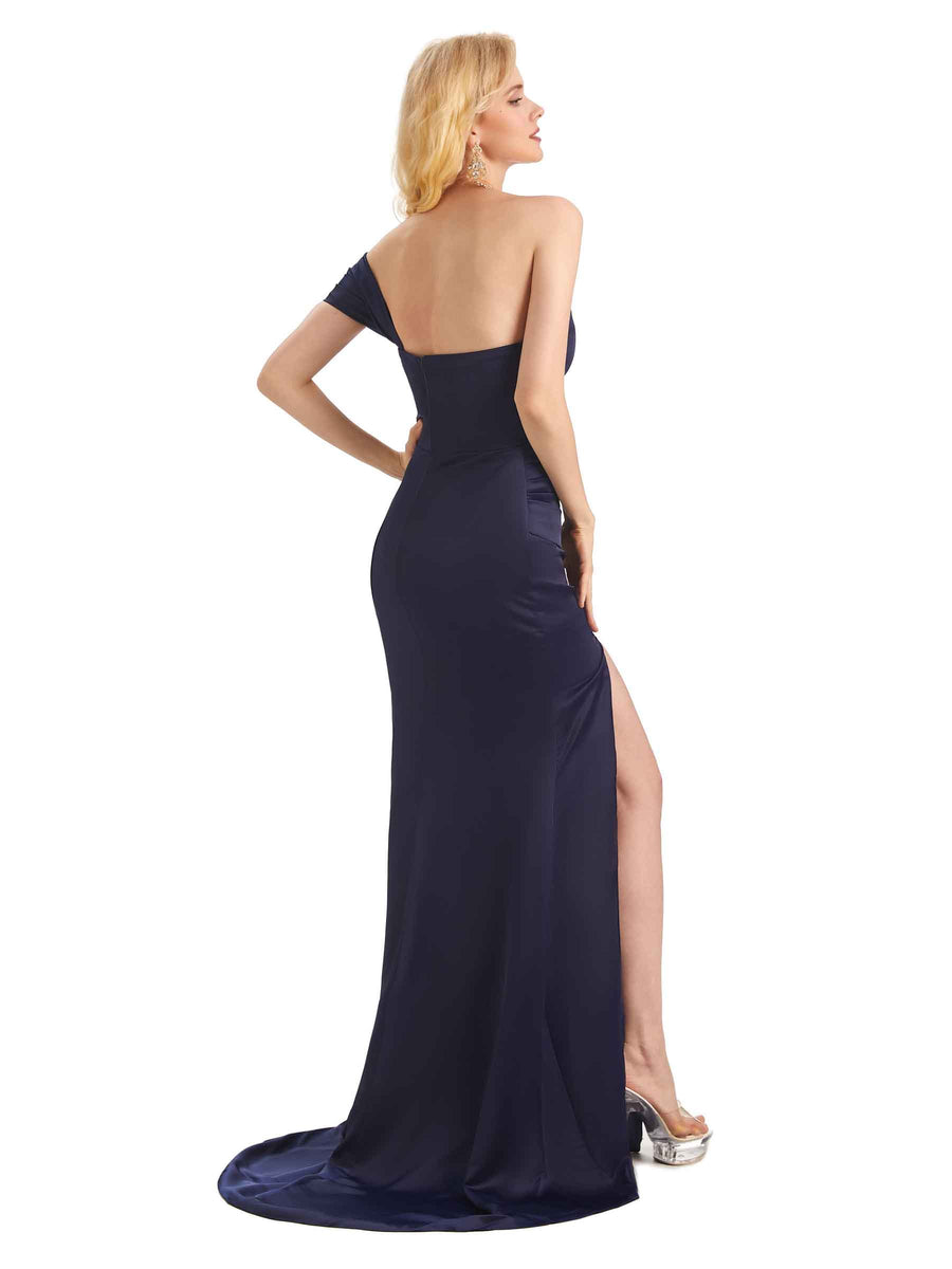 Sexy Soft Satin Side Slit Mermaid One Shoulder Long Wedding Guest Dresses Online