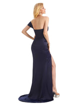 Sexy Side Slit Mermaid One Shoulder Long Satin Formal  Prom Dresses Online
