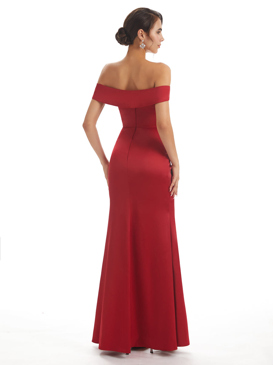 Sexy Side Slit Off The Shoulder Mermaid Soft Satin Bridesmaid Dresses Online