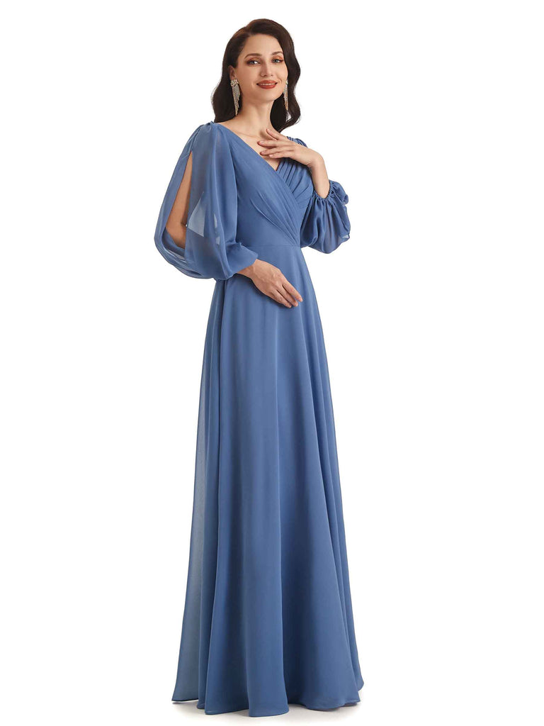 Elegant A-line Chiffon Long Sleeves V-neck Mother of The Groom Dresses