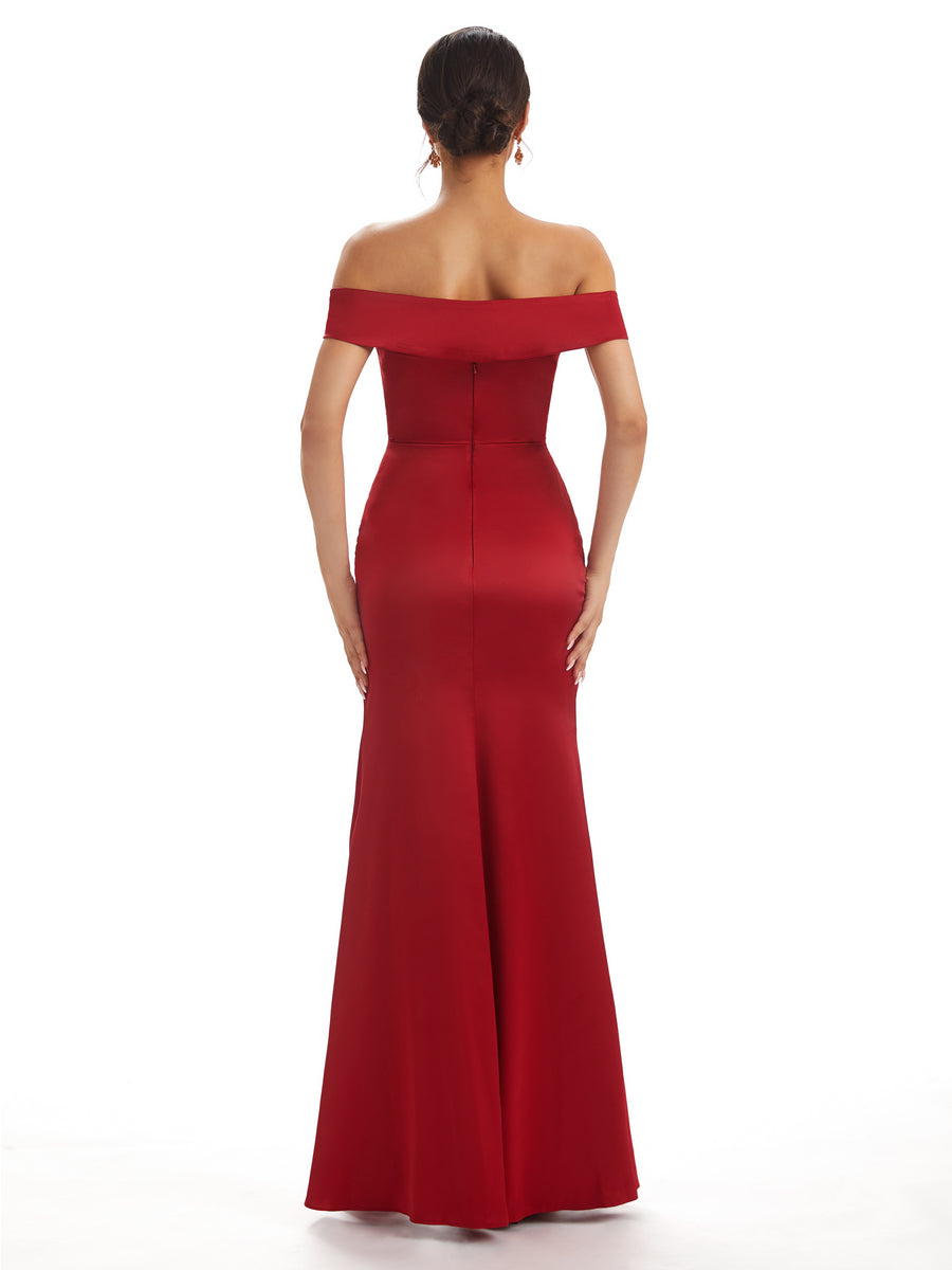 Sexy Side Slit Off The Shoulder Mermaid Soft Satin Bridesmaid Dresses Online