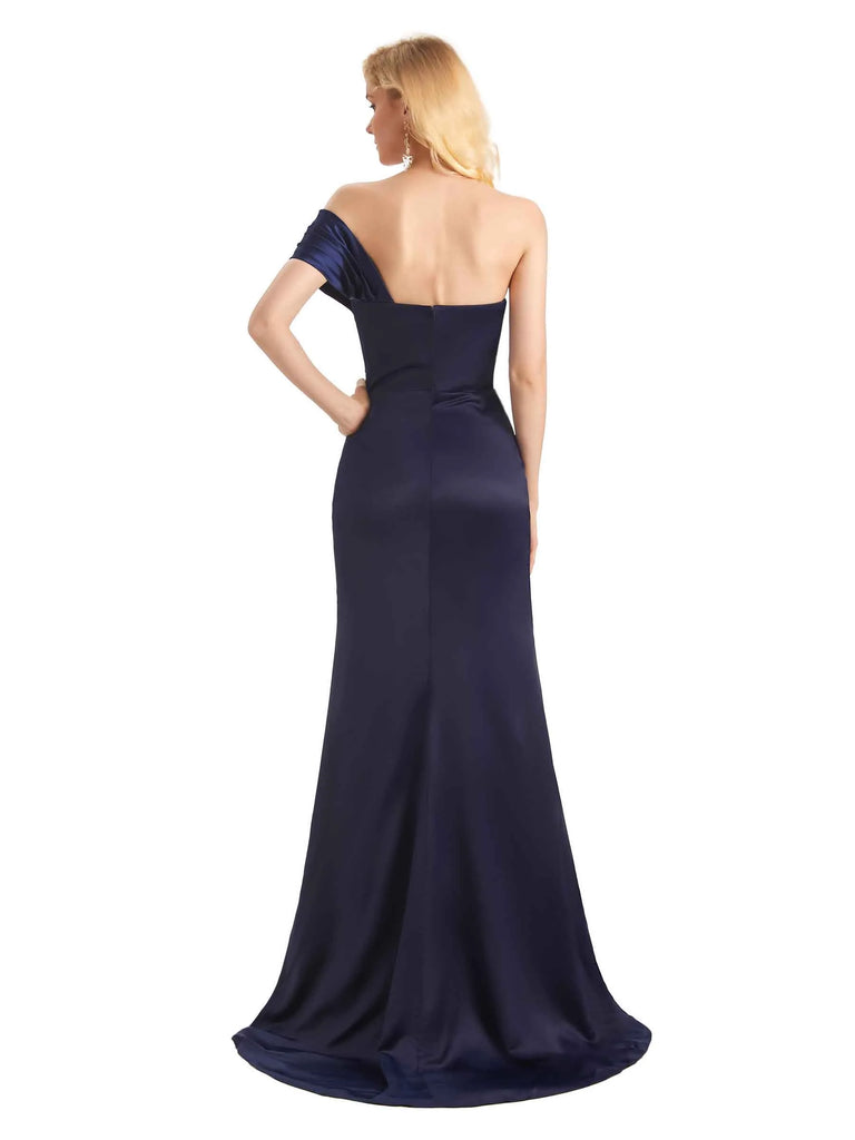 Sexy Side Slit Mermaid One Shoulder Long Satin Formal Prom Dresses ...