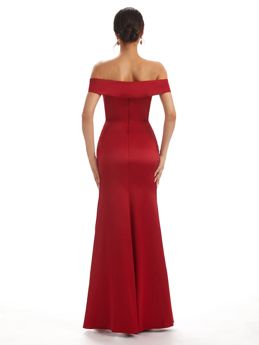 Sexy Side Slit Off The Shoulder Mermaid Soft Satin Pretty Wedding Guest Dresses