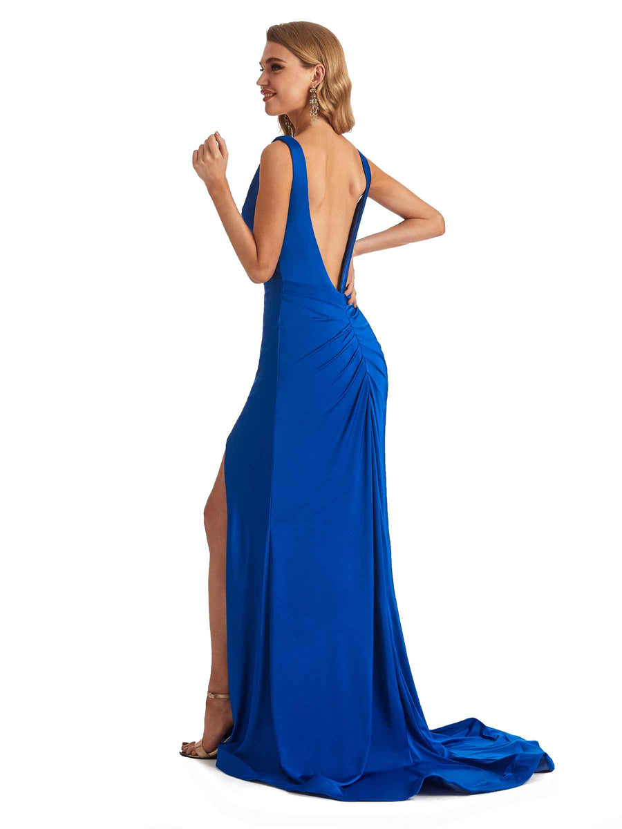 Mermaid V-neck Side Slit Backless Stretchy Jersey Long Formal Bridesmaid Dresses