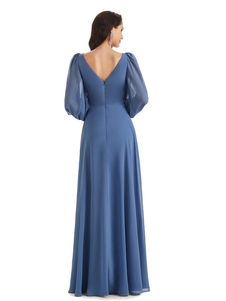 Elegant A-line Chiffon Long Sleeves V-neck Mother of The Groom Dresses
