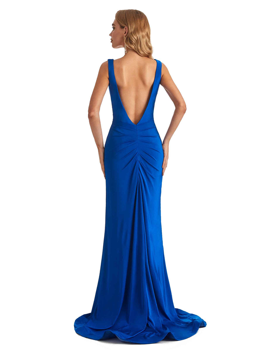 Mermaid V-neck Side Slit Backless Stretchy Jersey Long Formal Bridesmaid Dresses