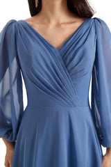 Elegant A-line Chiffon Long Sleeves V-neck Mother of The Groom Dresses