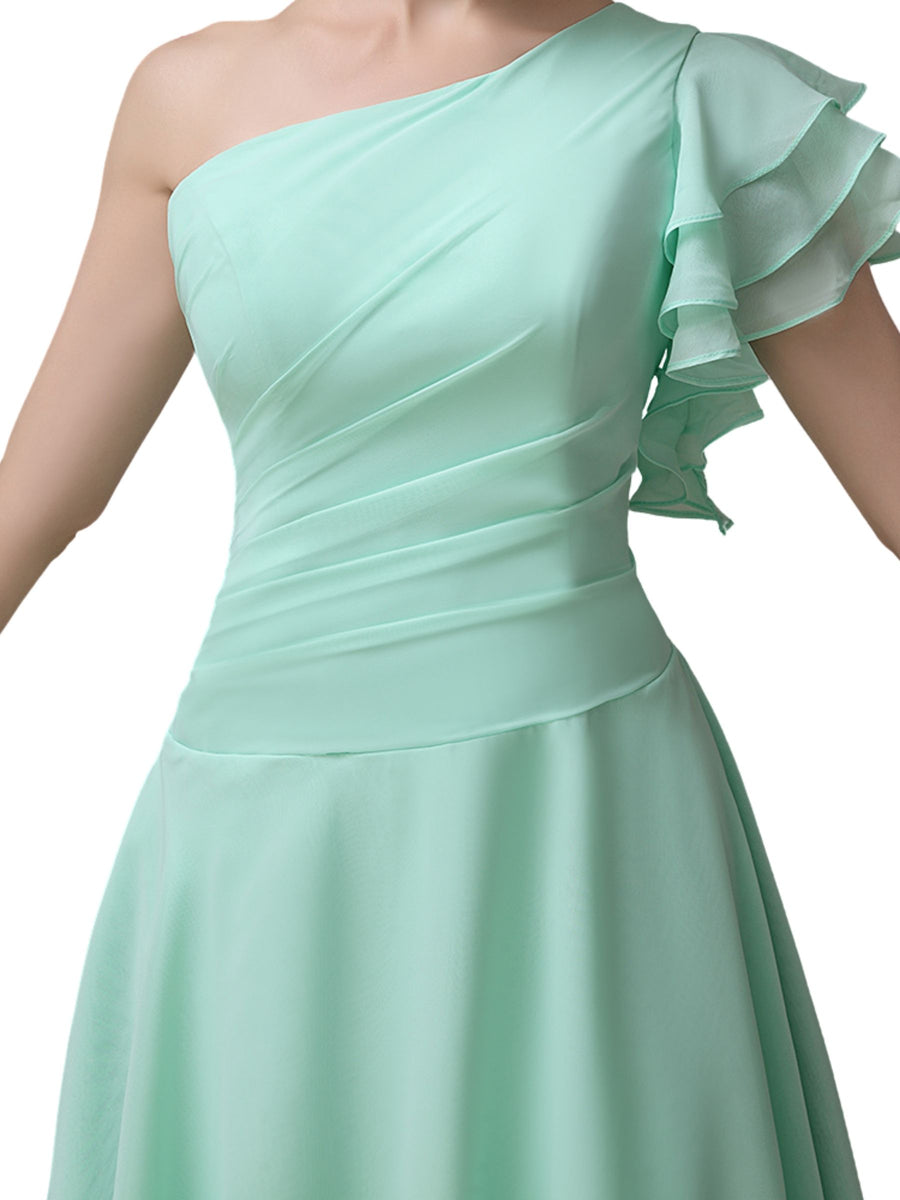 Popular A-line Chiffon One Shoulder Ruffle Sleeves Short Bridesmaid Dresses