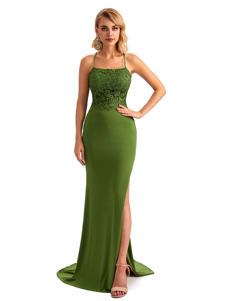 Sexy Side Slit Mermaid Lace Stretchy Jersey Long Formal Bridesmaid Dresses