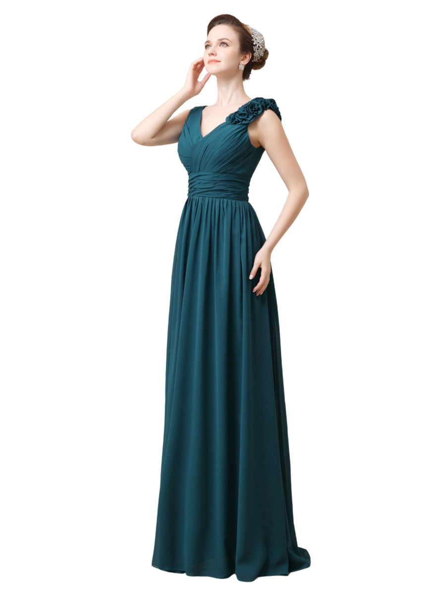 Elegant V-neck Flower A-line Floor-Length Long Bridesmaid Dresses