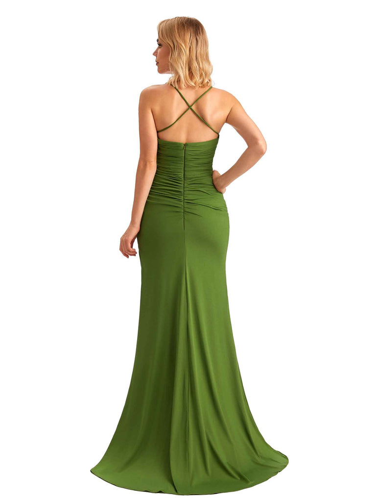 Sexy Side Slit Mermaid Lace Stretchy Jersey Long Formal Bridesmaid Dresses