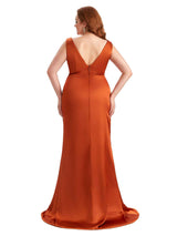 Plus Size Elegant V-neck Side Slit Mermaid Soft Satin Long Bridesmaid Dress For Wedding