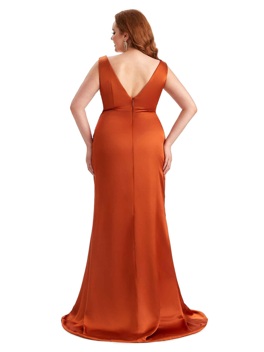 Plus Size Elegant V-neck Side Slit Mermaid Soft Satin Long Bridesmaid Dress For Wedding