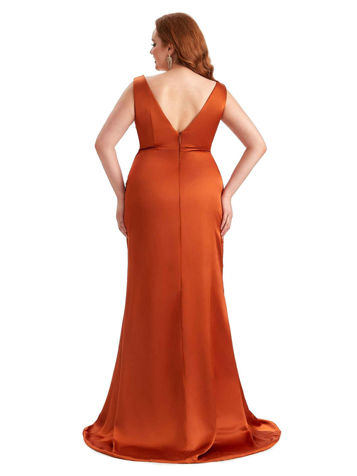 Sexy V-neck Side Slit Mermaid Soft Satin Long Plus Size Bridesmaid Dress Online