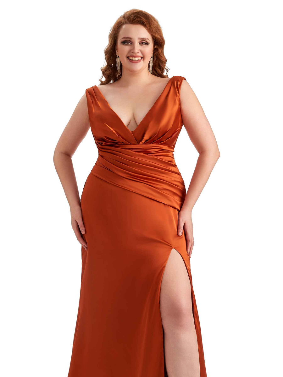 Sexy V-neck Side Slit Mermaid Soft Satin Long Plus Size Bridesmaid Dress Online