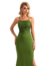 Sexy Side Slit Mermaid Lace Stretchy Jersey Long Formal Bridesmaid Dresses