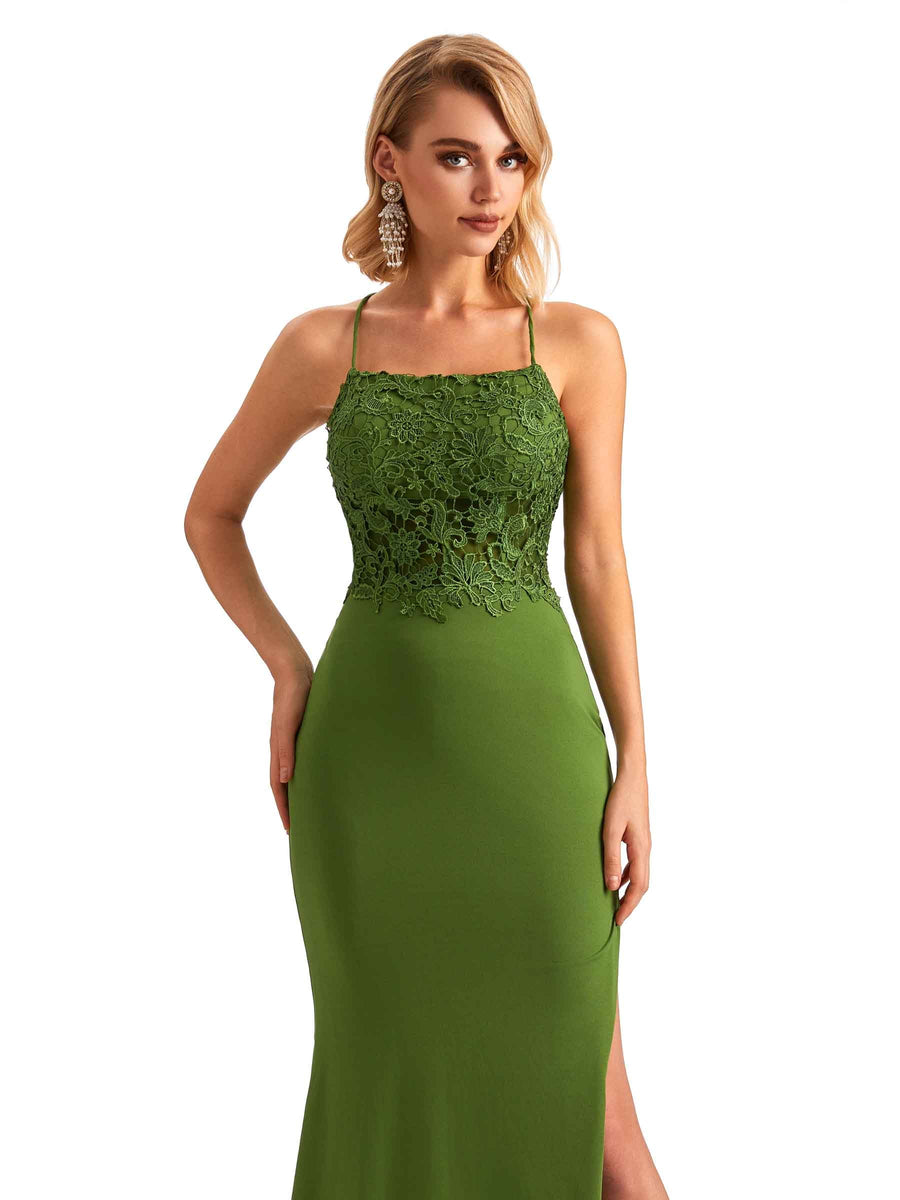 Sexy Side Slit Mermaid Lace Stretchy Jersey Long Formal Bridesmaid Dresses
