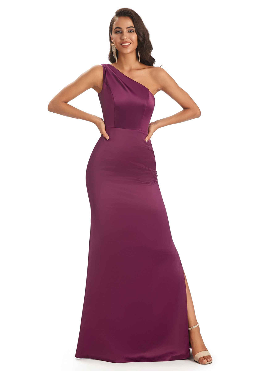 Sexy Soft Satin Side Slit Sheath One Shoulder Modern Mermaid Bridesmaid Dresses